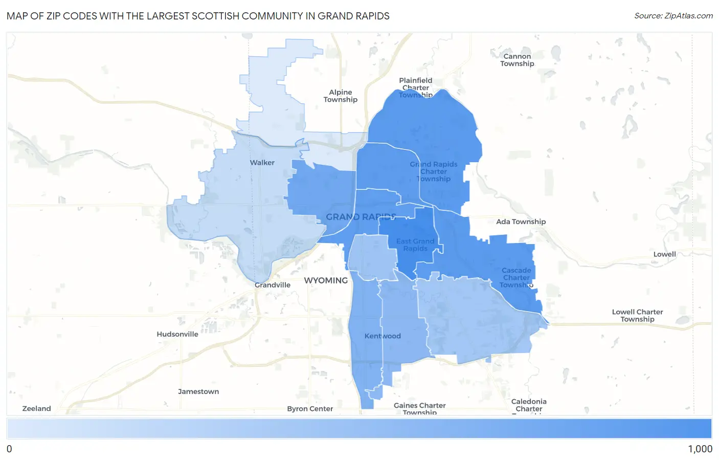 Zip Codes with the Largest Scottish Community in Grand Rapids Map