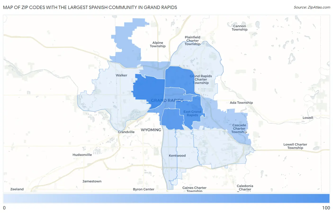 Zip Codes with the Largest Spanish Community in Grand Rapids Map