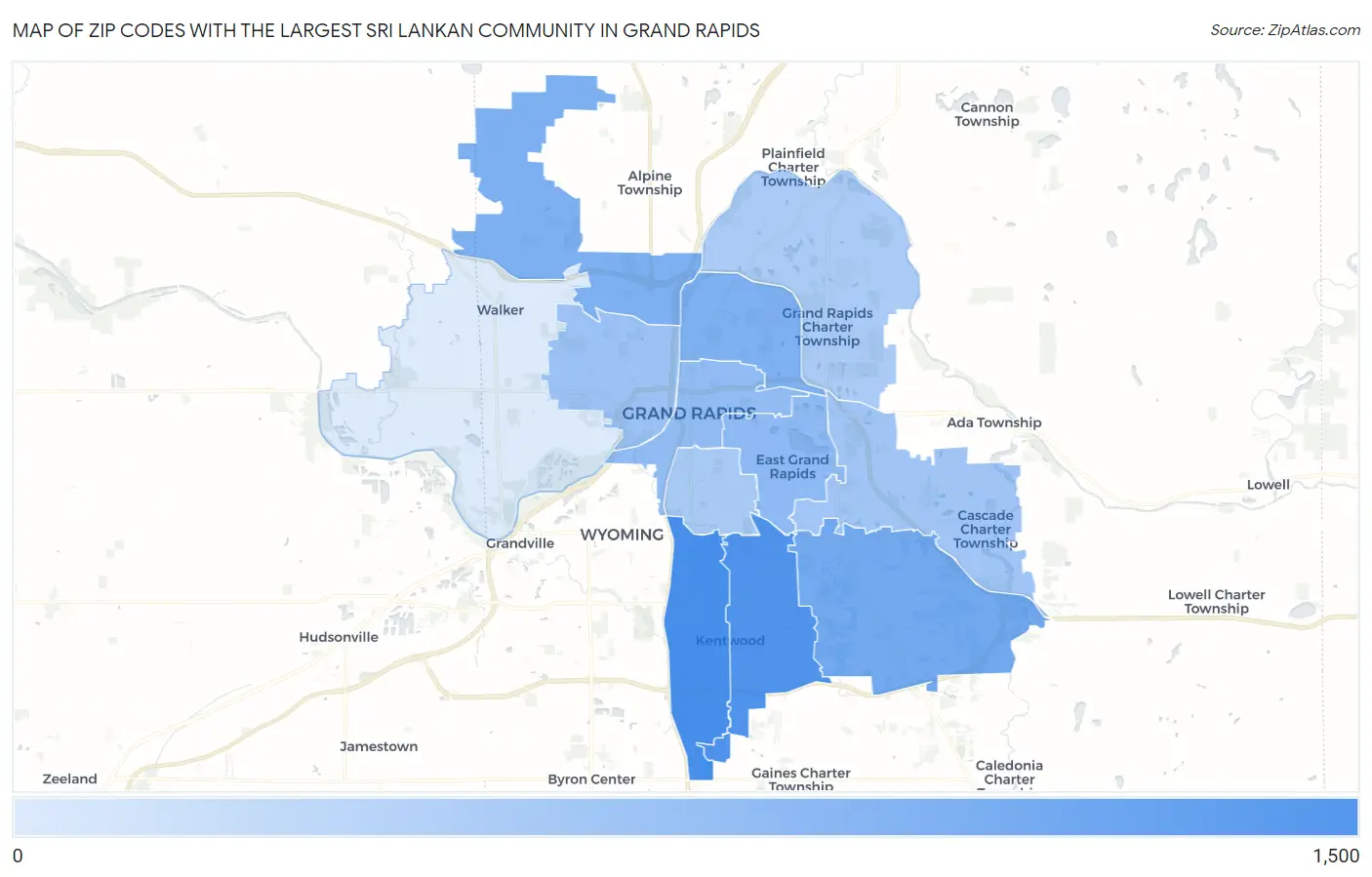 Zip Codes with the Largest Sri Lankan Community in Grand Rapids Map