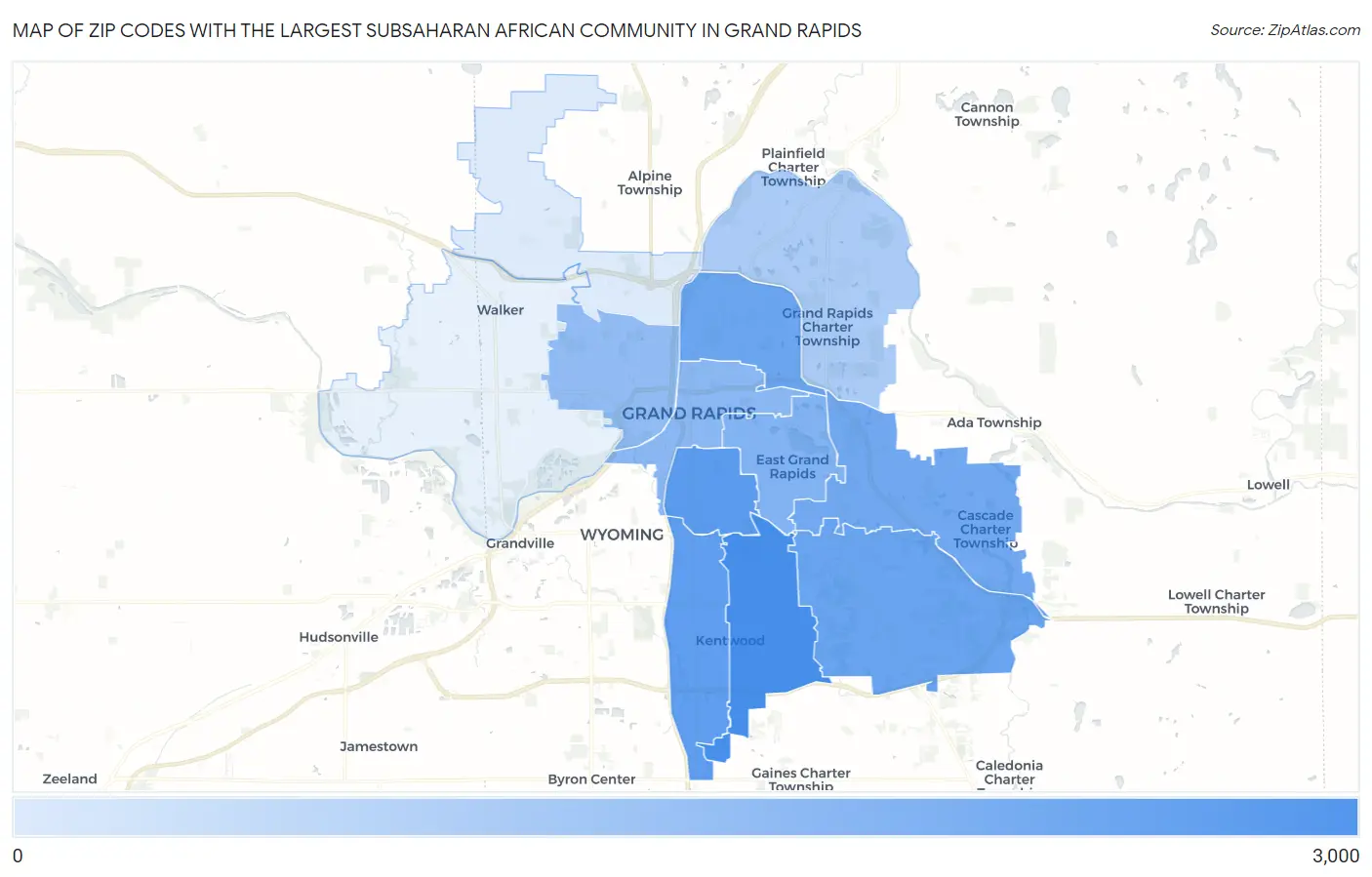 Zip Codes with the Largest Subsaharan African Community in Grand Rapids Map