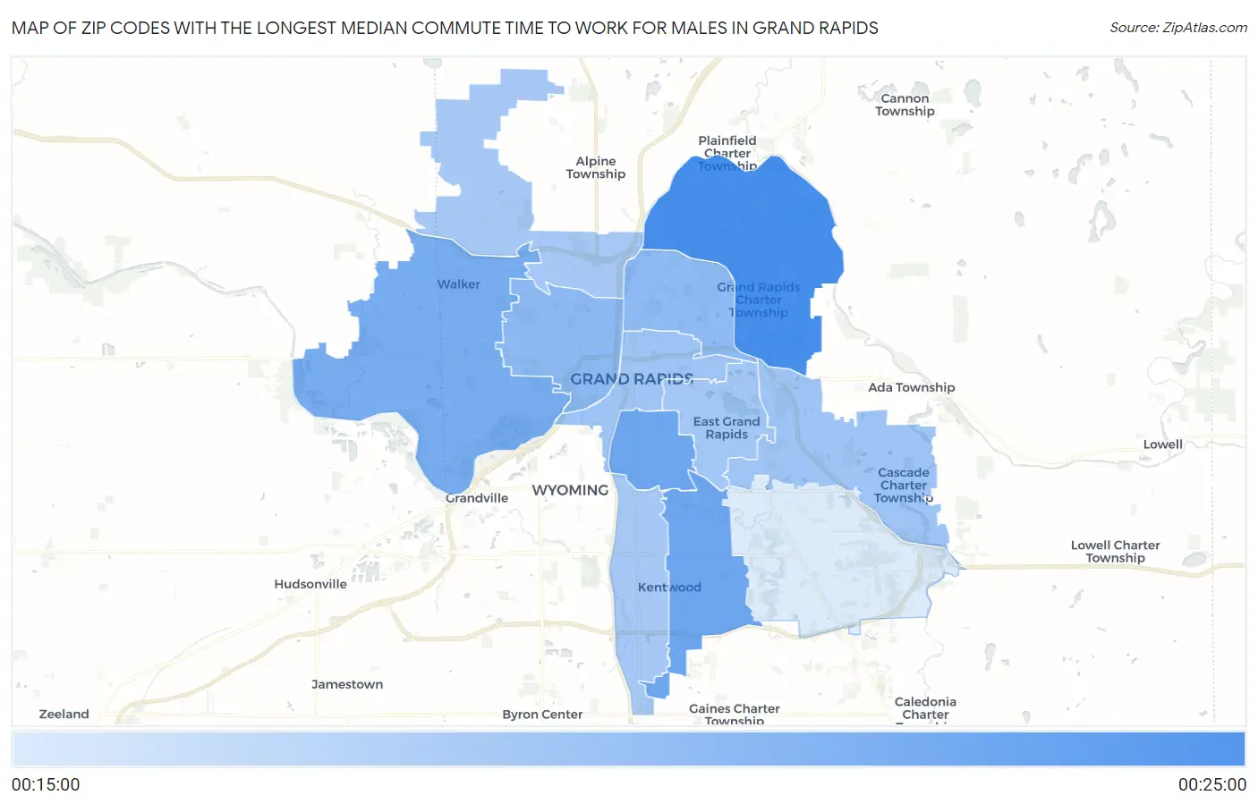 Zip Codes with the Longest Median Commute Time to Work for Males in Grand Rapids Map