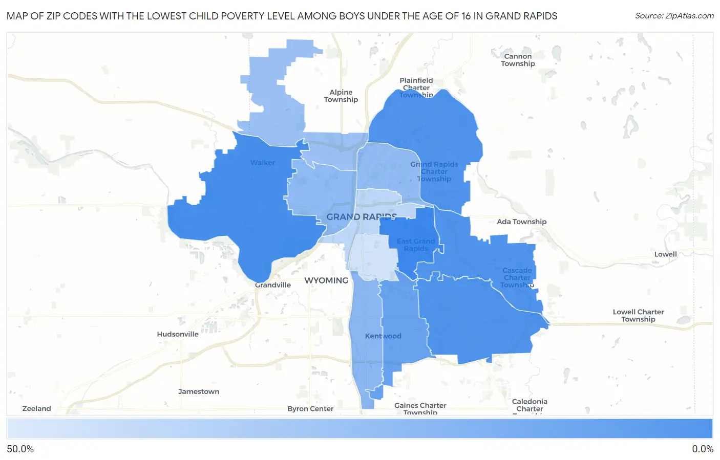 Zip Codes with the Lowest Child Poverty Level Among Boys Under the Age of 16 in Grand Rapids Map
