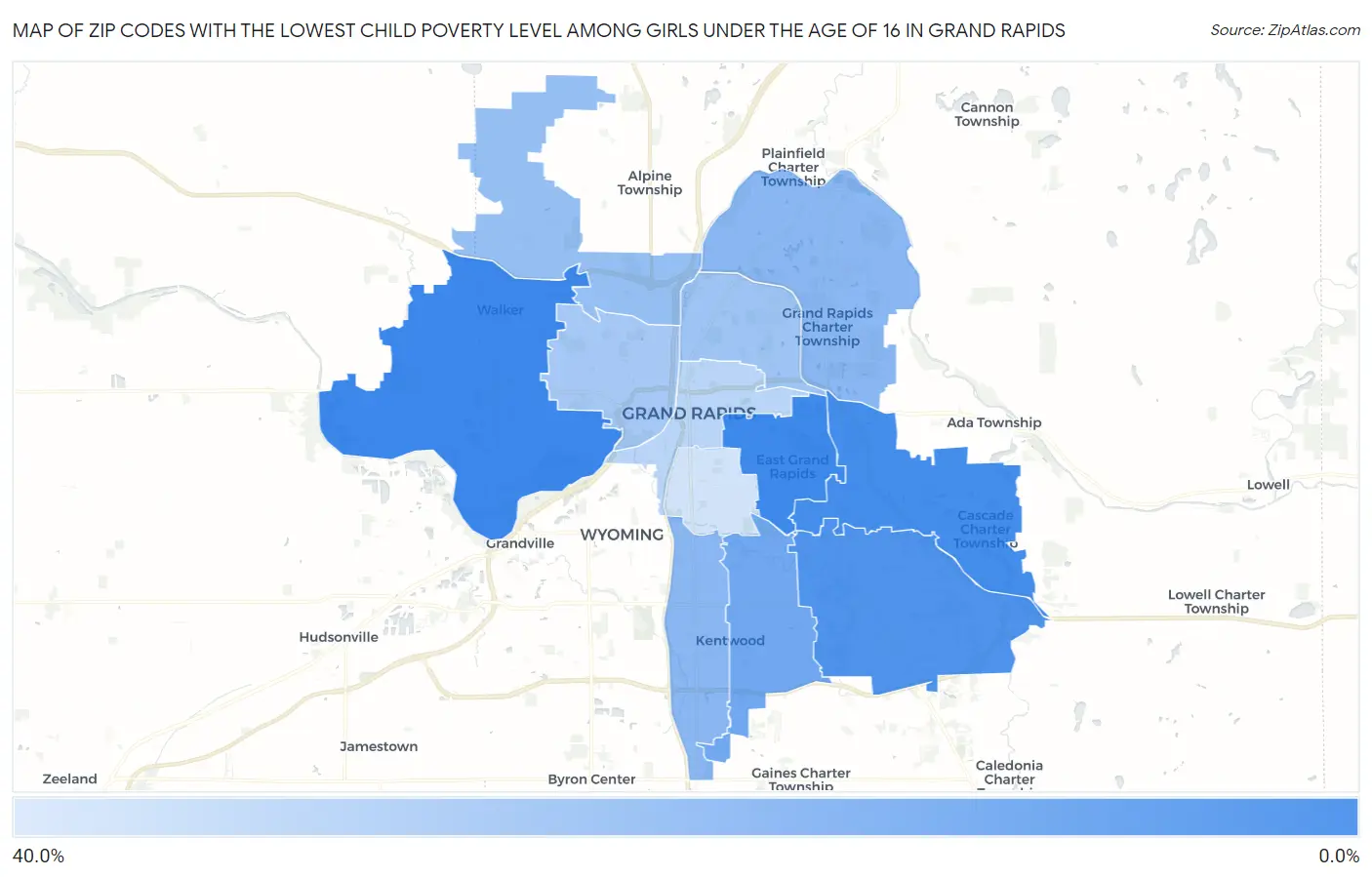 Zip Codes with the Lowest Child Poverty Level Among Girls Under the Age of 16 in Grand Rapids Map