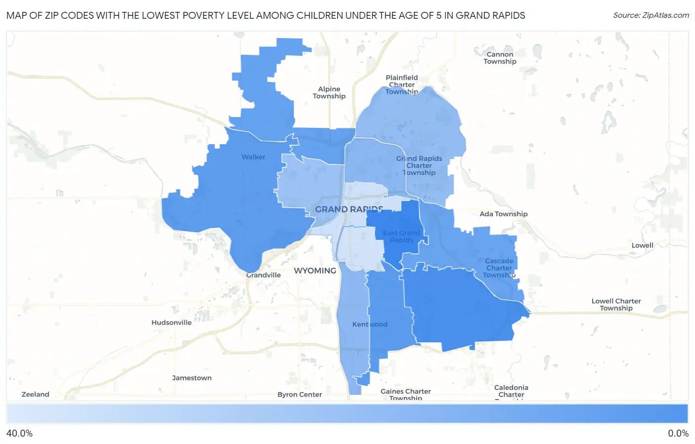 Zip Codes with the Lowest Poverty Level Among Children Under the Age of 5 in Grand Rapids Map