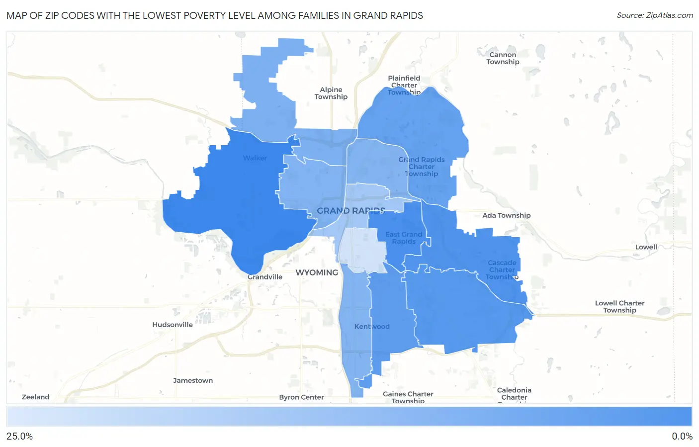 Zip Codes with the Lowest Poverty Level Among Families in Grand Rapids Map