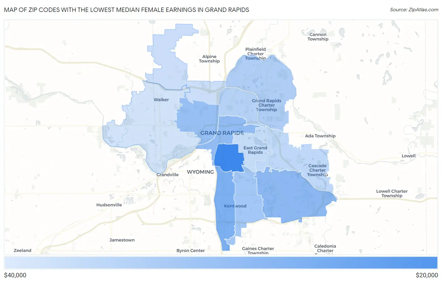 Zip Codes with the Lowest Median Female Earnings in Grand Rapids Map