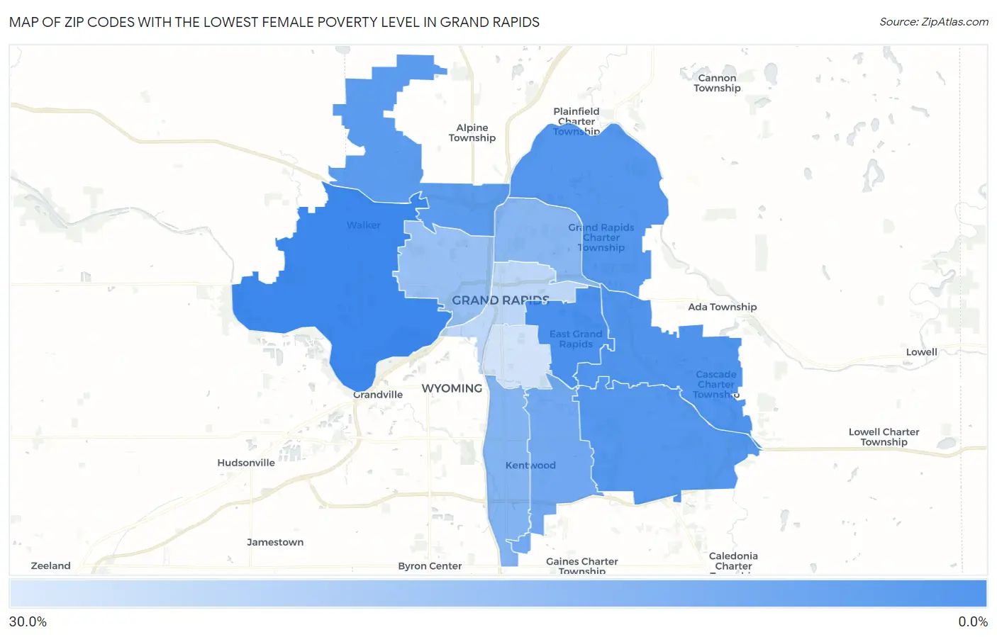 Zip Codes with the Lowest Female Poverty Level in Grand Rapids Map