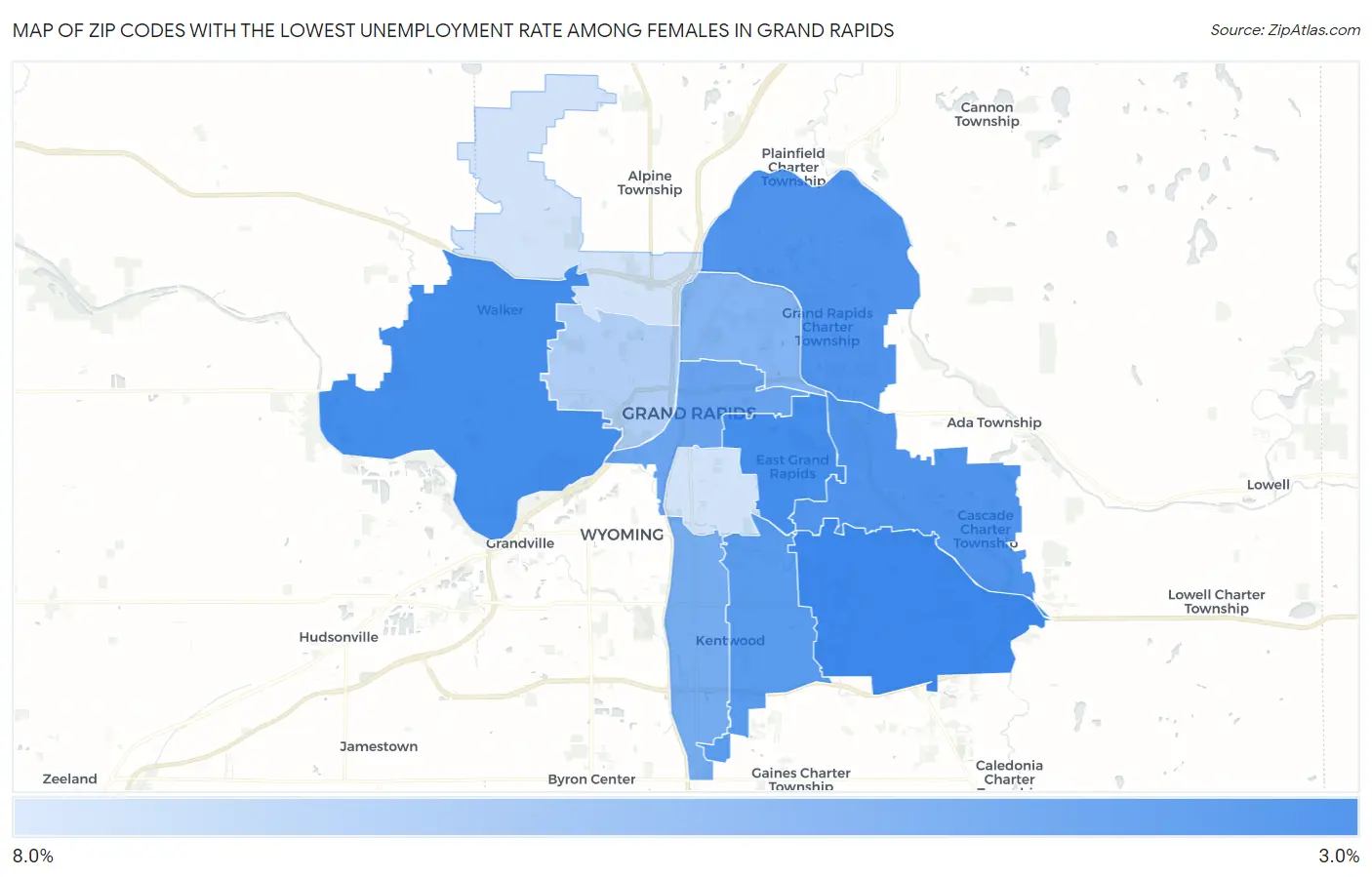 Zip Codes with the Lowest Unemployment Rate Among Females in Grand Rapids Map
