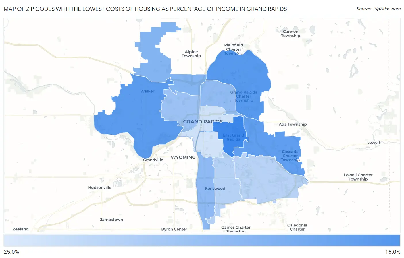 Zip Codes with the Lowest Costs of Housing as Percentage of Income in Grand Rapids Map