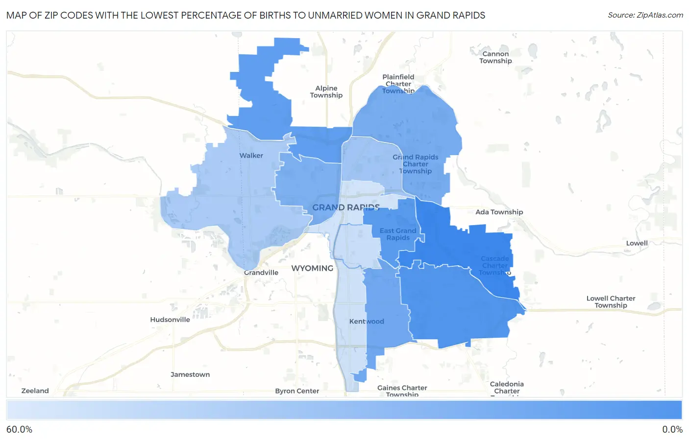 Zip Codes with the Lowest Percentage of Births to Unmarried Women in Grand Rapids Map