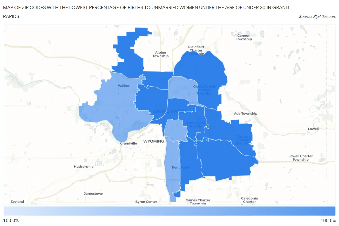 Zip Codes with the Lowest Percentage of Births to Unmarried Women under the Age of under 20 in Grand Rapids Map