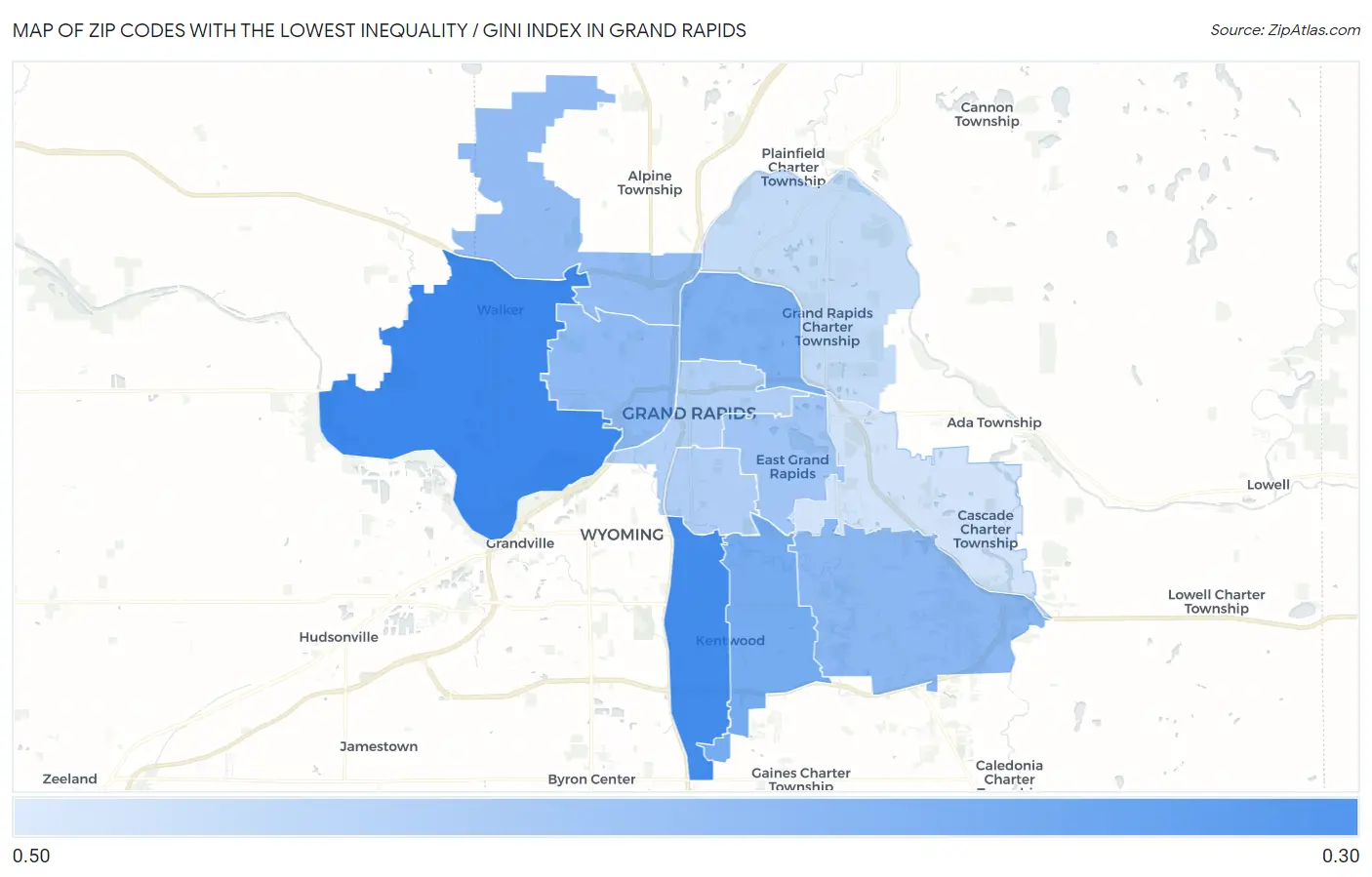 Zip Codes with the Lowest Inequality / Gini Index in Grand Rapids Map