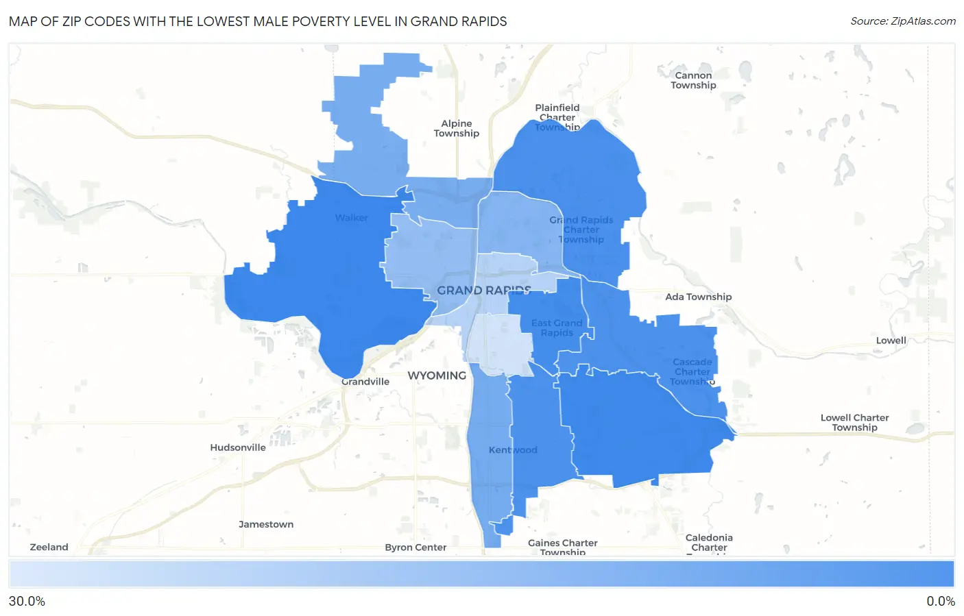 Zip Codes with the Lowest Male Poverty Level in Grand Rapids Map