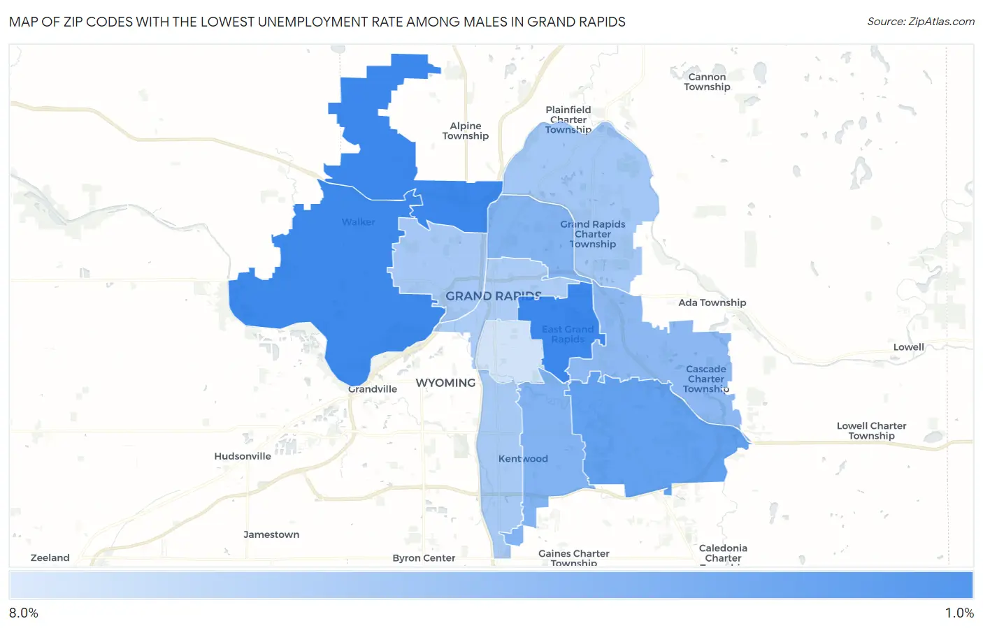Zip Codes with the Lowest Unemployment Rate Among Males in Grand Rapids Map