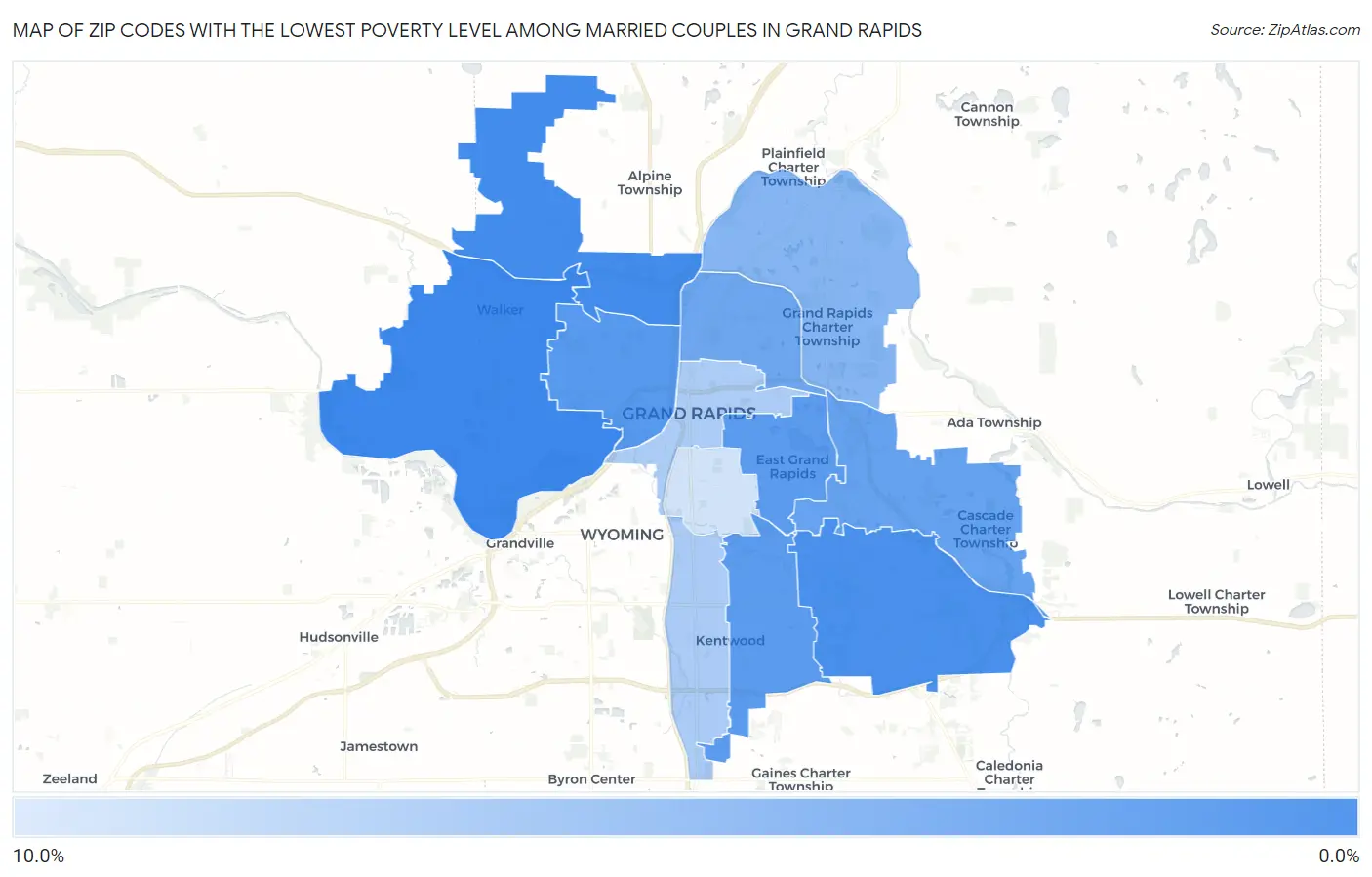 Zip Codes with the Lowest Poverty Level Among Married Couples in Grand Rapids Map