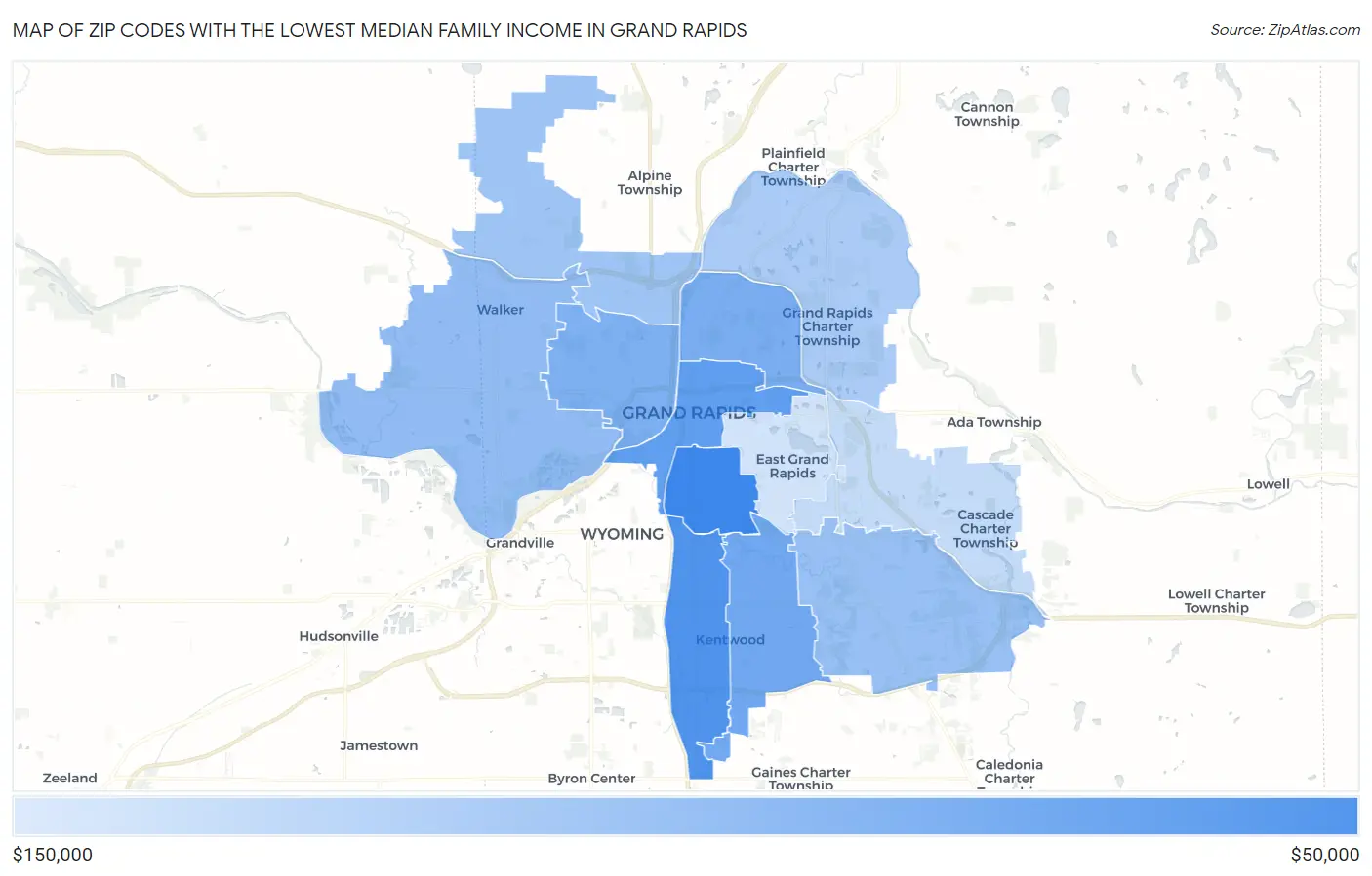 Zip Codes with the Lowest Median Family Income in Grand Rapids Map