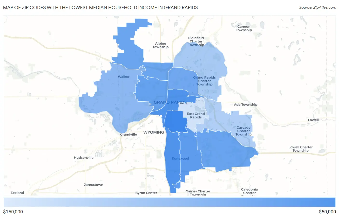 Zip Codes with the Lowest Median Household Income in Grand Rapids Map