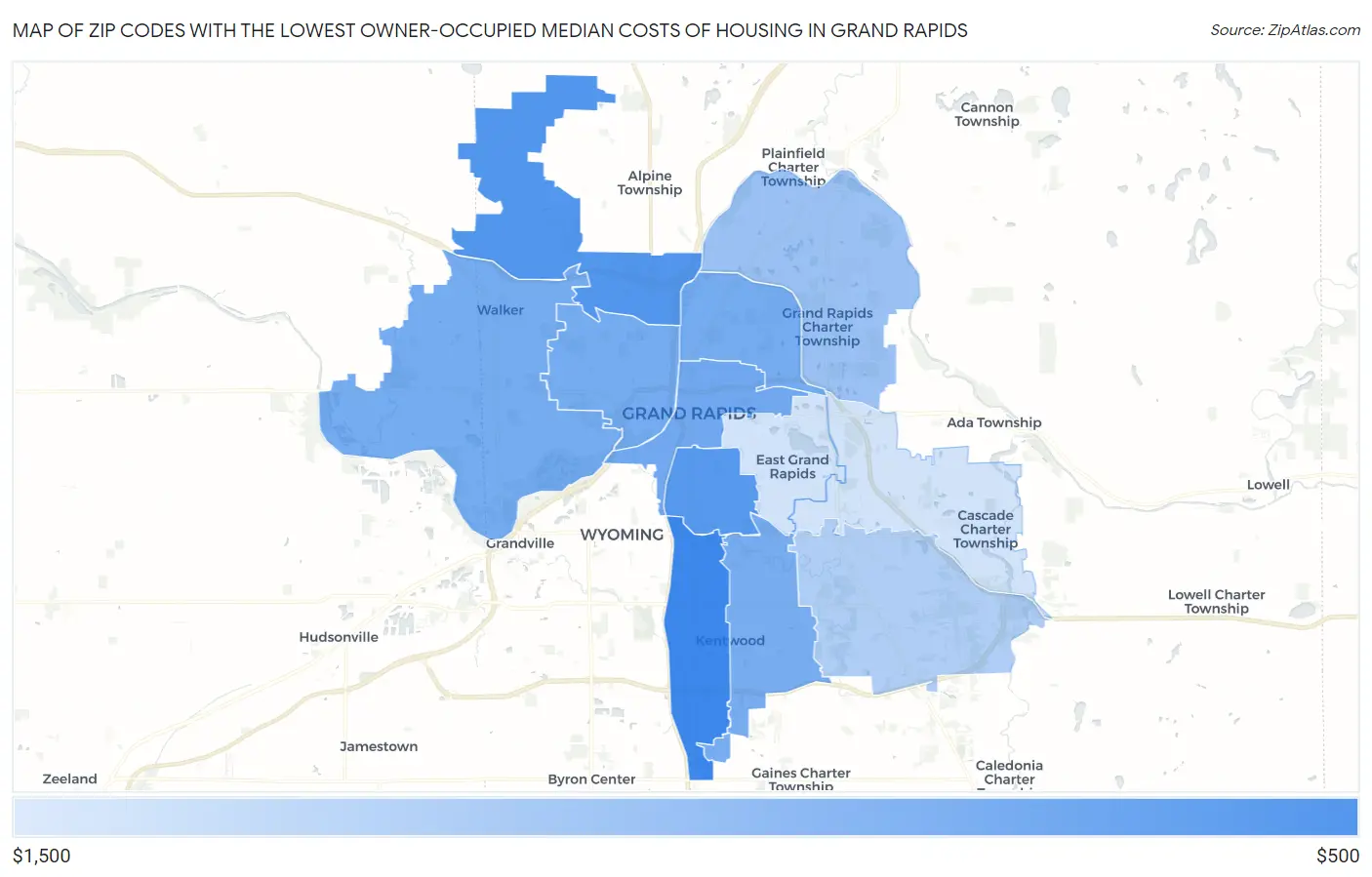 Zip Codes with the Lowest Owner-Occupied Median Costs of Housing in Grand Rapids Map