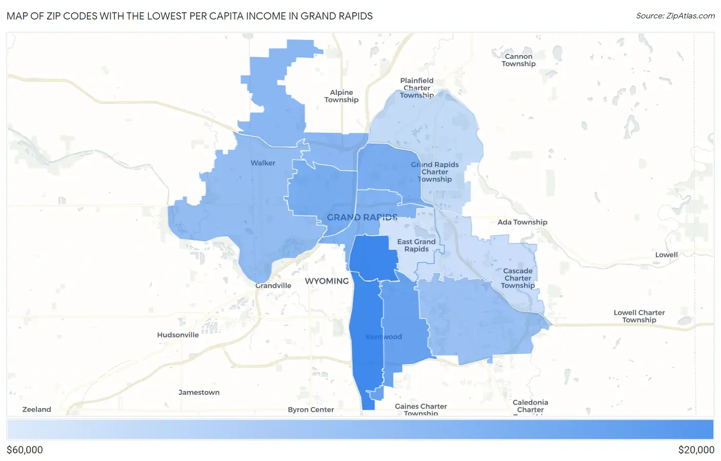 Zip Codes with the Lowest Per Capita Income in Grand Rapids Map