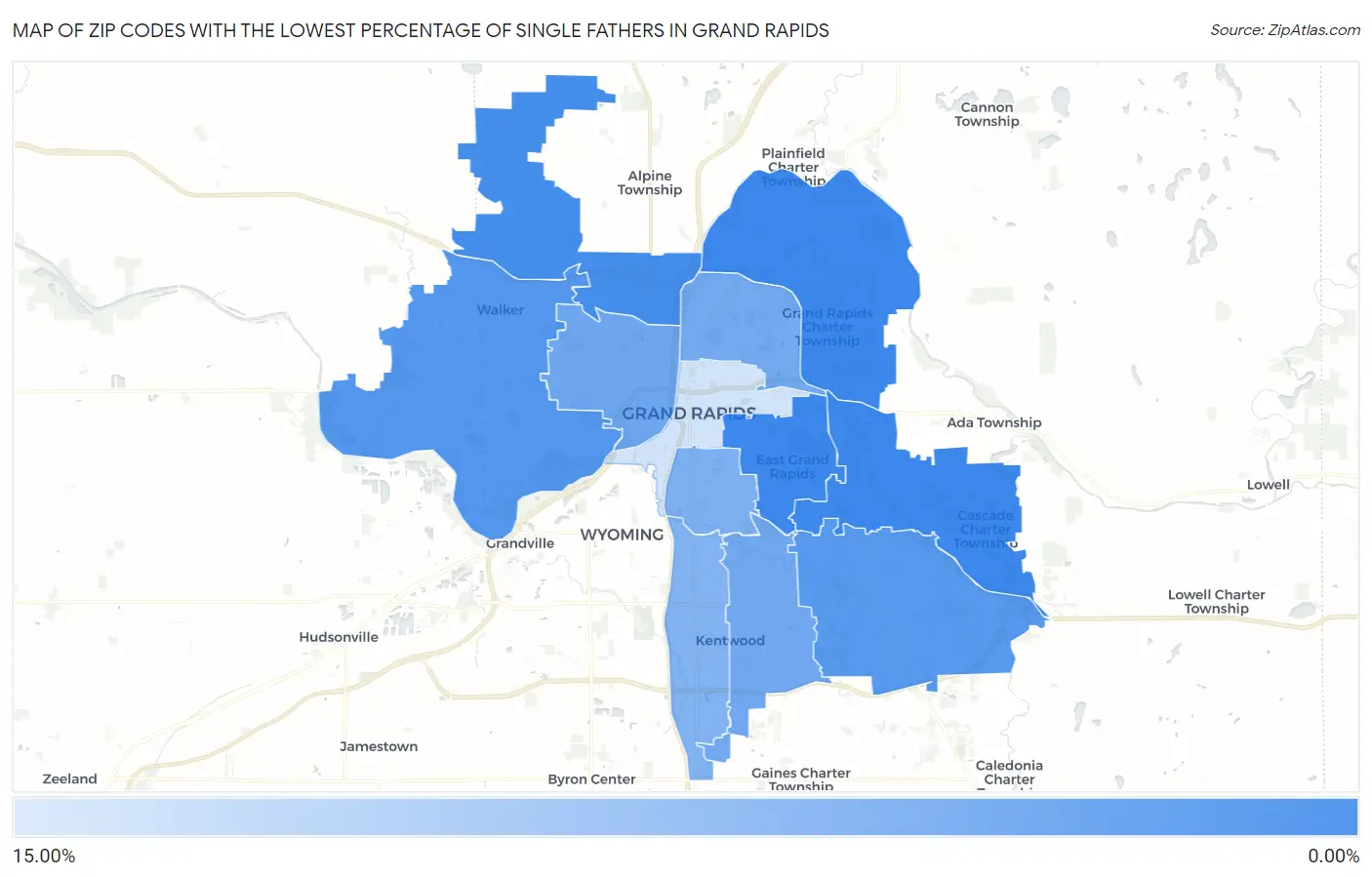 Zip Codes with the Lowest Percentage of Single Fathers in Grand Rapids Map