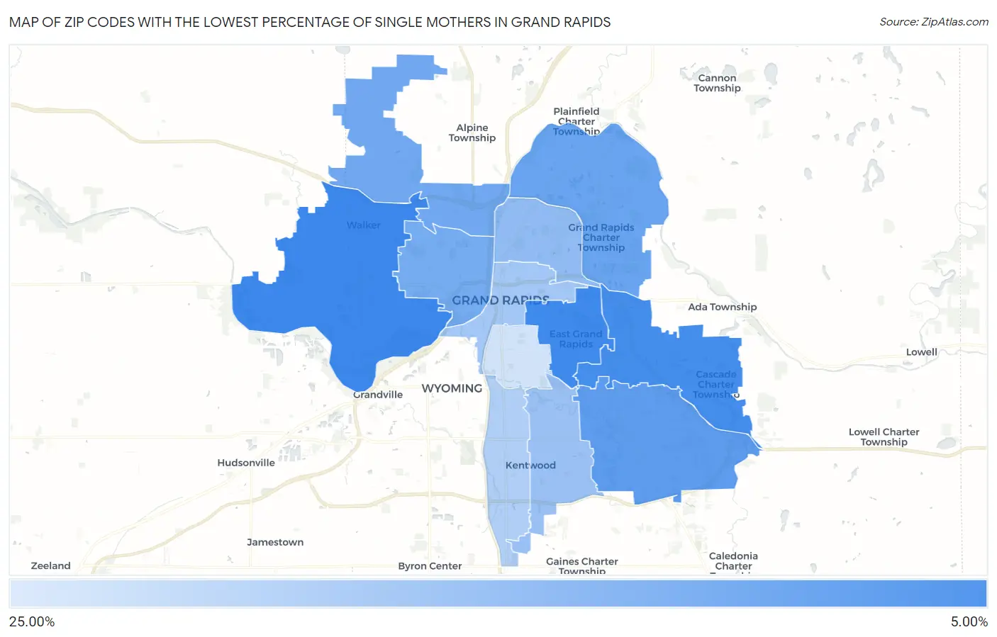 Zip Codes with the Lowest Percentage of Single Mothers in Grand Rapids Map
