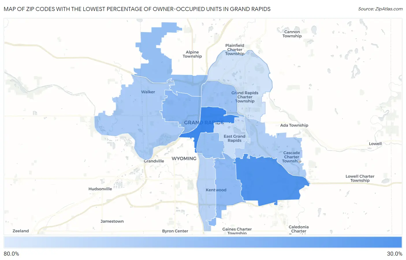 Zip Codes with the Lowest Percentage of Owner-Occupied Units in Grand Rapids Map