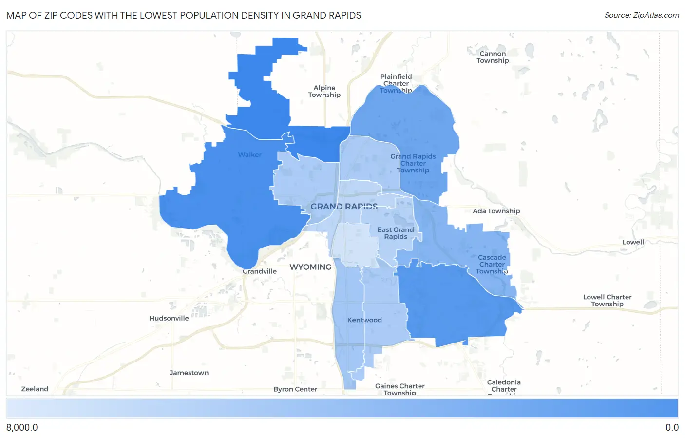 Zip Codes with the Lowest Population Density in Grand Rapids Map