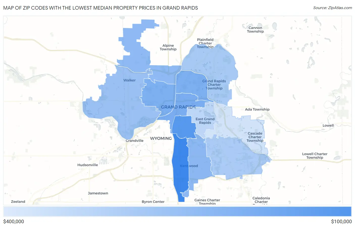 Zip Codes with the Lowest Median Property Prices in Grand Rapids Map