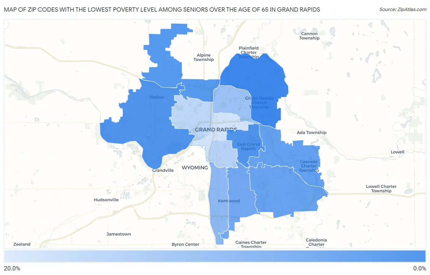 Zip Codes with the Lowest Poverty Level Among Seniors Over the Age of 65 in Grand Rapids Map