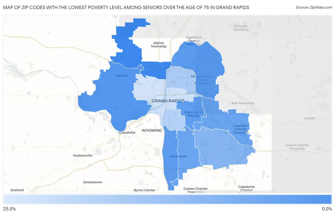 Zip Codes with the Lowest Poverty Level Among Seniors Over the Age of 75 in Grand Rapids Map