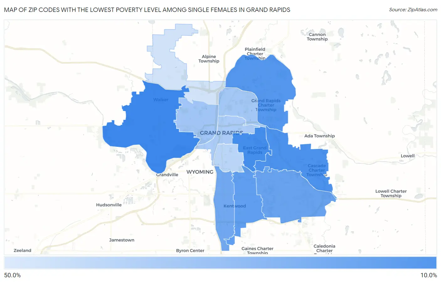 Zip Codes with the Lowest Poverty Level Among Single Females in Grand Rapids Map
