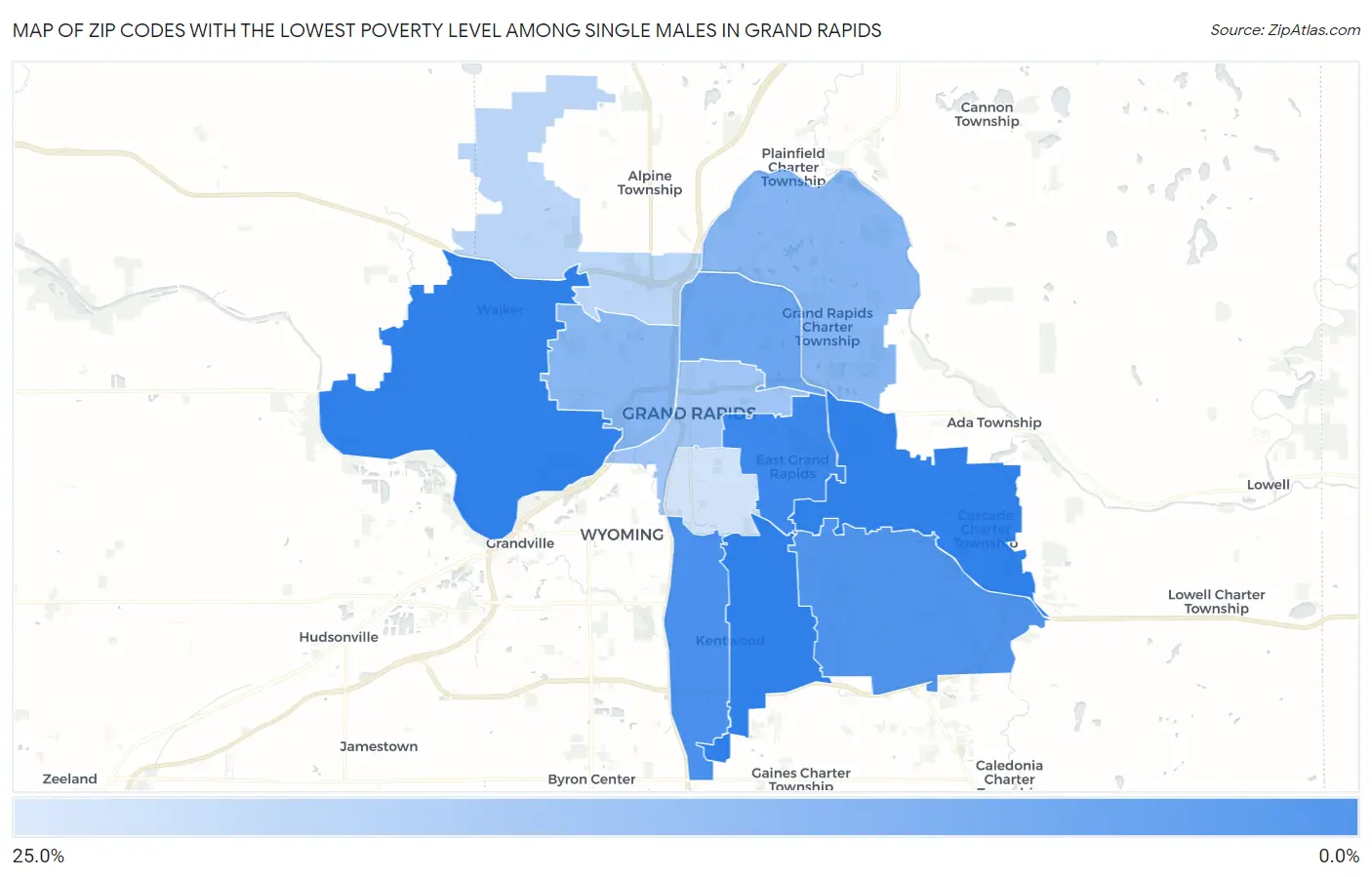 Zip Codes with the Lowest Poverty Level Among Single Males in Grand Rapids Map