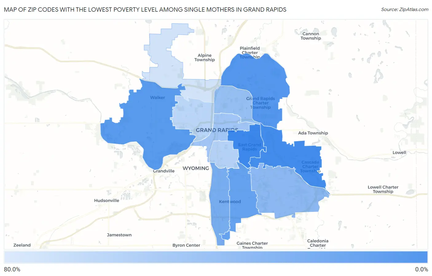 Zip Codes with the Lowest Poverty Level Among Single Mothers in Grand Rapids Map