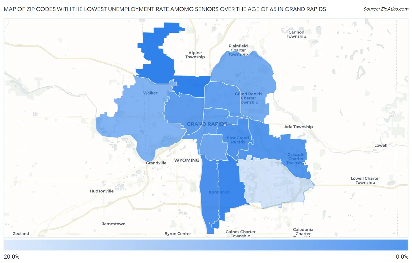 Zip Codes with the Lowest Unemployment Rate Amomg Seniors Over the Age of 65 in Grand Rapids Map