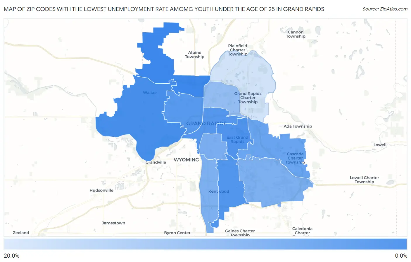 Zip Codes with the Lowest Unemployment Rate Amomg Youth Under the Age of 25 in Grand Rapids Map