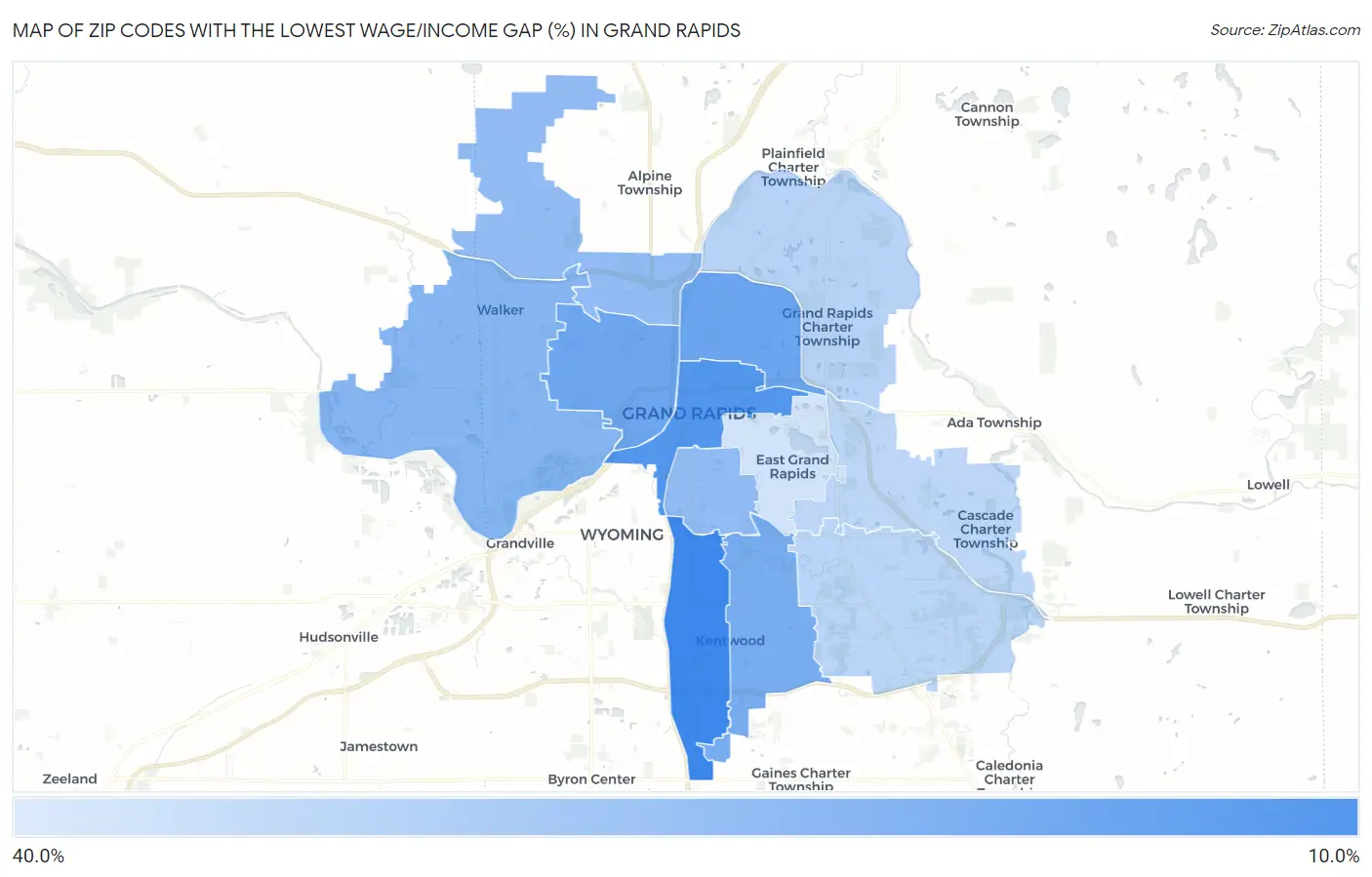 Zip Codes with the Lowest Wage/Income Gap (%) in Grand Rapids Map