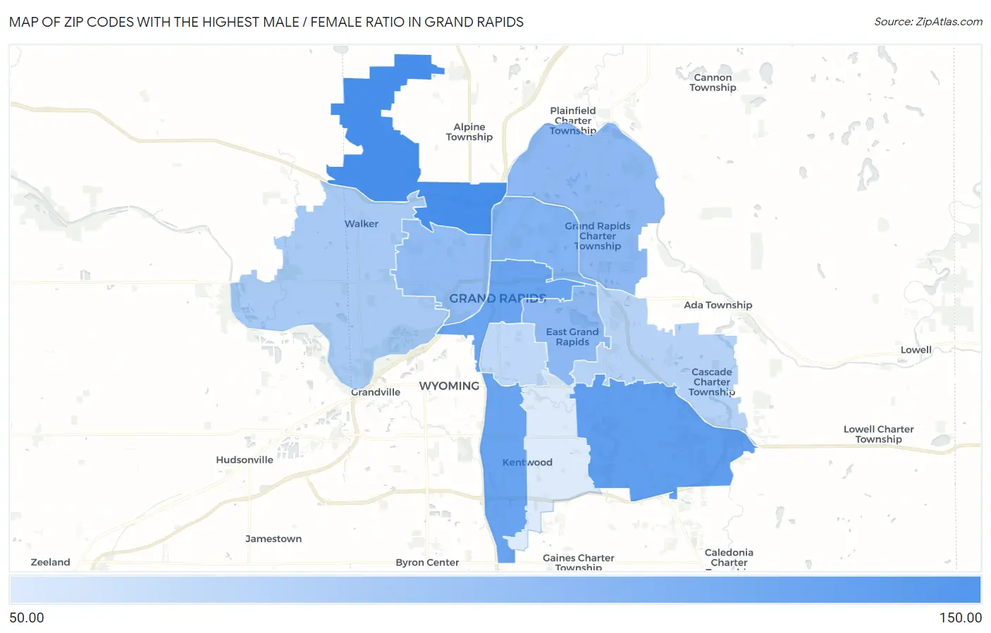 Zip Codes with the Highest Male / Female Ratio in Grand Rapids Map