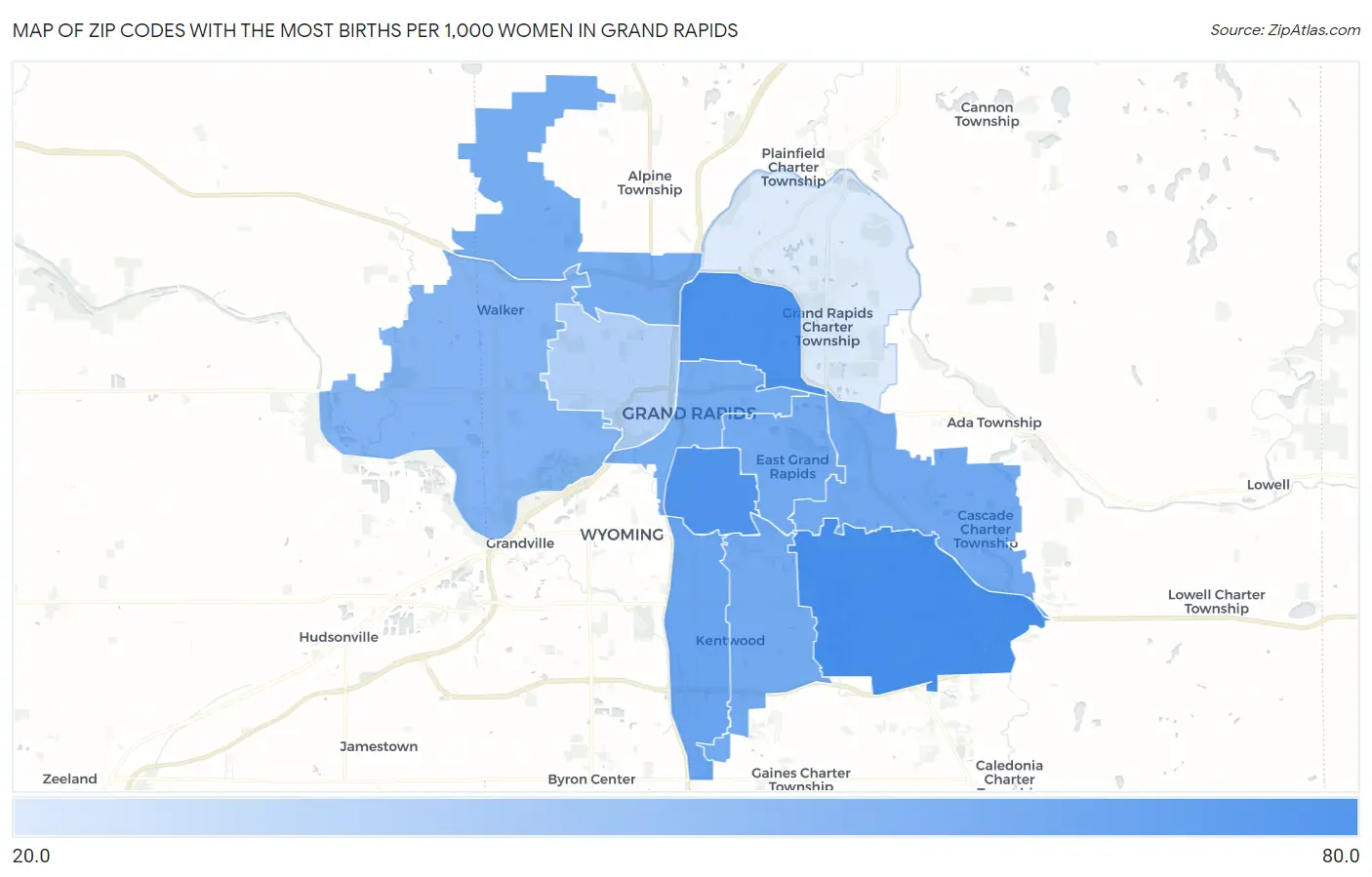 Zip Codes with the Most Births per 1,000 Women in Grand Rapids Map
