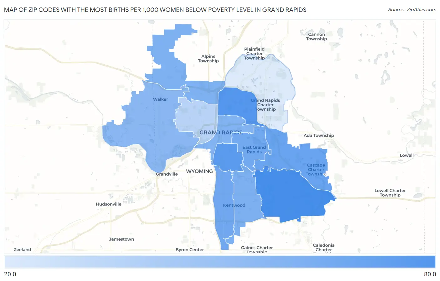 Zip Codes with the Most Births per 1,000 Women Below Poverty Level in Grand Rapids Map