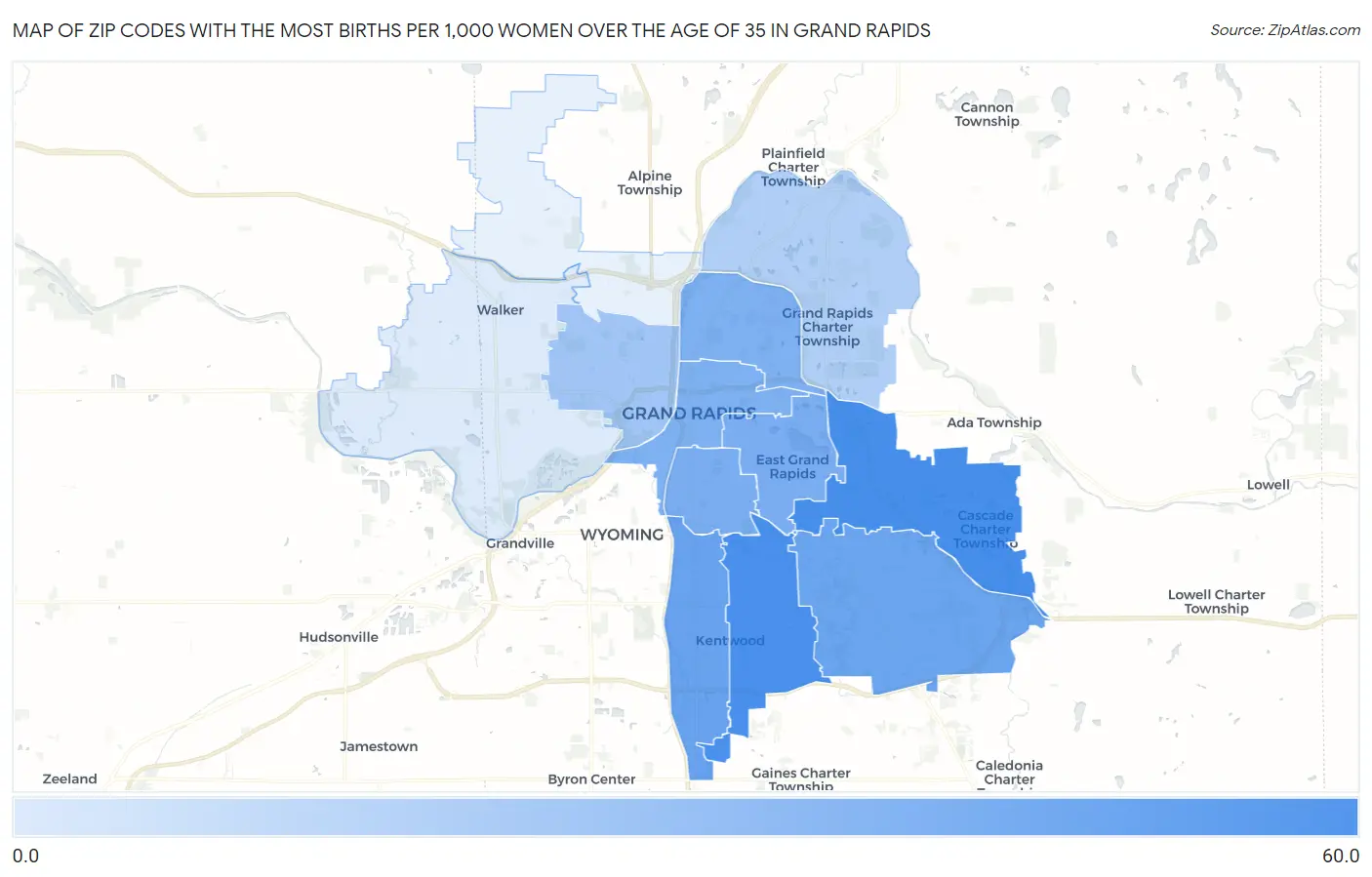 Zip Codes with the Most Births per 1,000 Women Over the Age of 35 in Grand Rapids Map