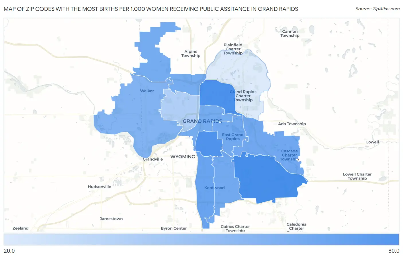 Zip Codes with the Most Births per 1,000 Women Receiving Public Assitance in Grand Rapids Map