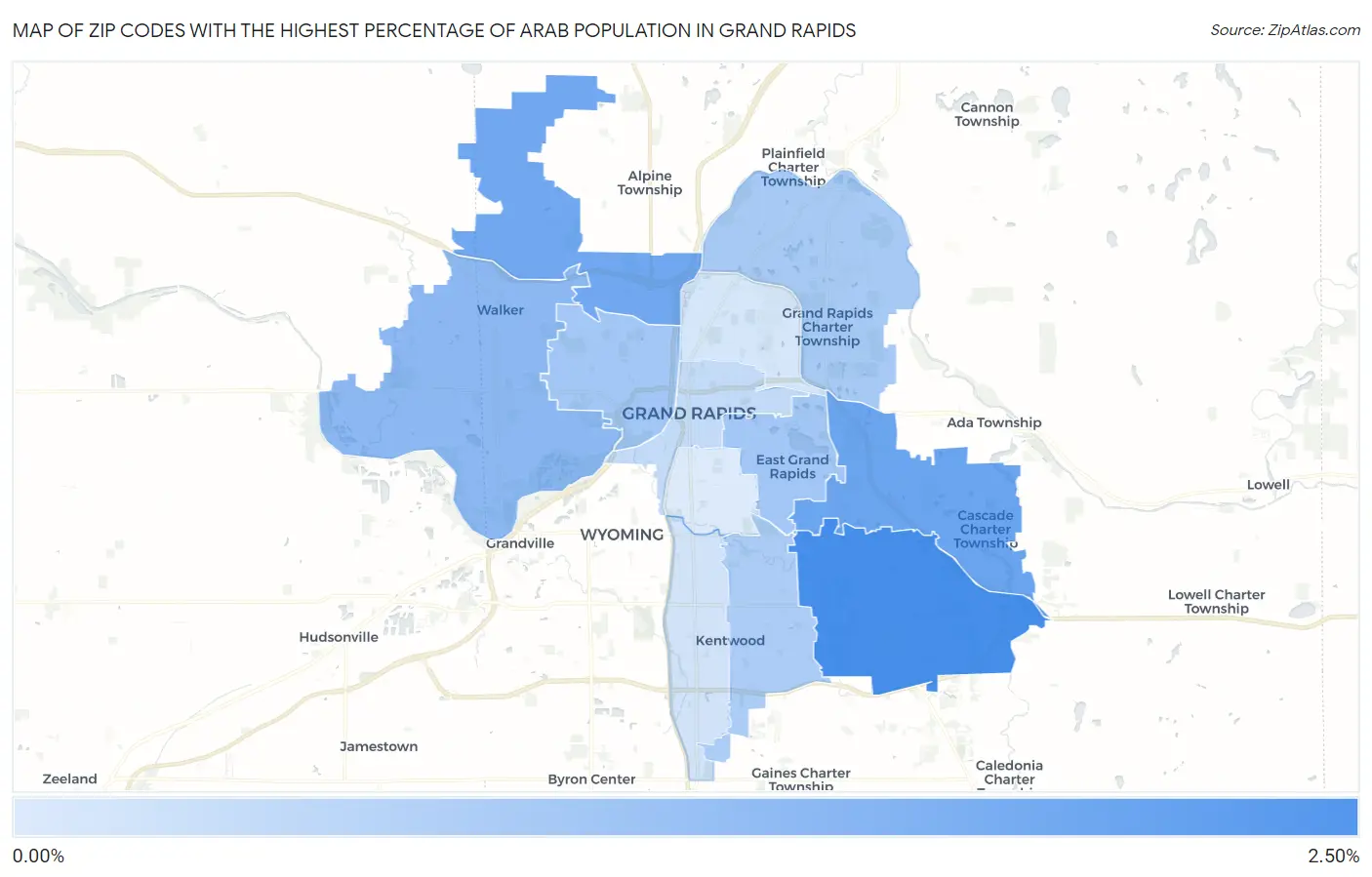 Zip Codes with the Highest Percentage of Arab Population in Grand Rapids Map