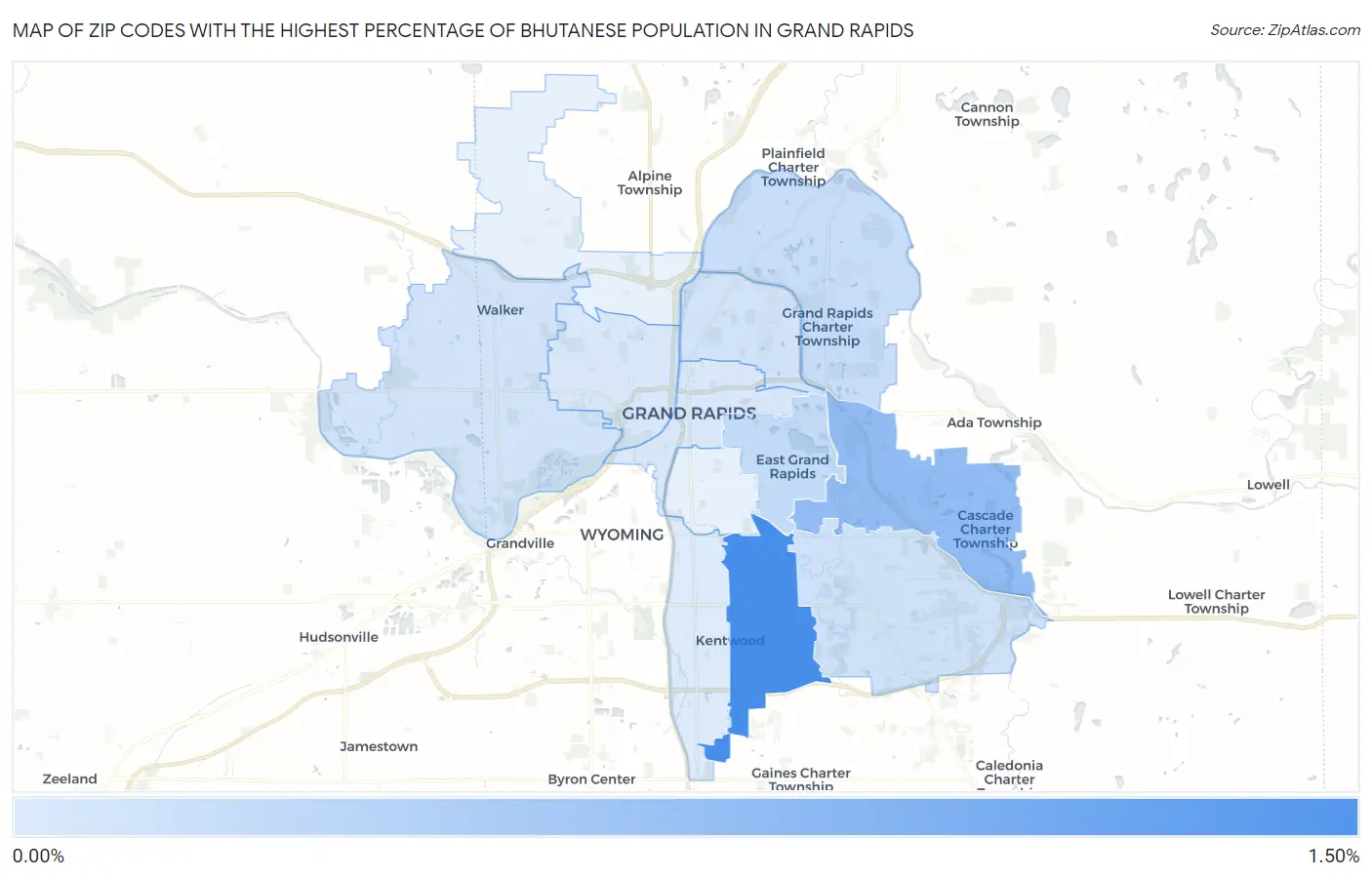 Zip Codes with the Highest Percentage of Bhutanese Population in Grand Rapids Map