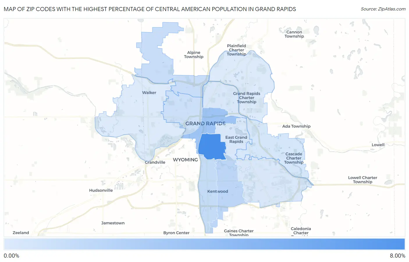 Zip Codes with the Highest Percentage of Central American Population in Grand Rapids Map