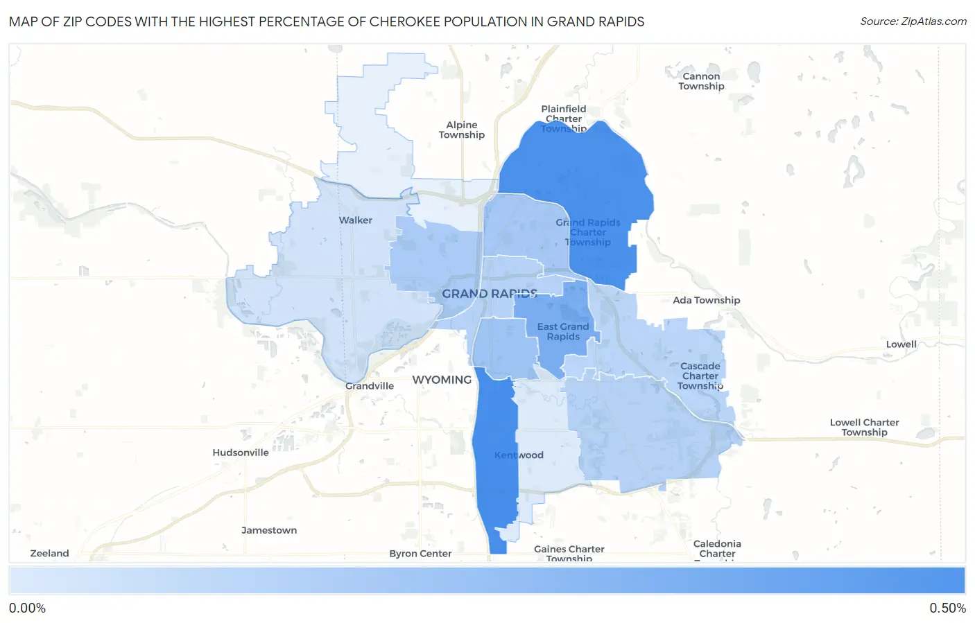 Zip Codes with the Highest Percentage of Cherokee Population in Grand Rapids Map