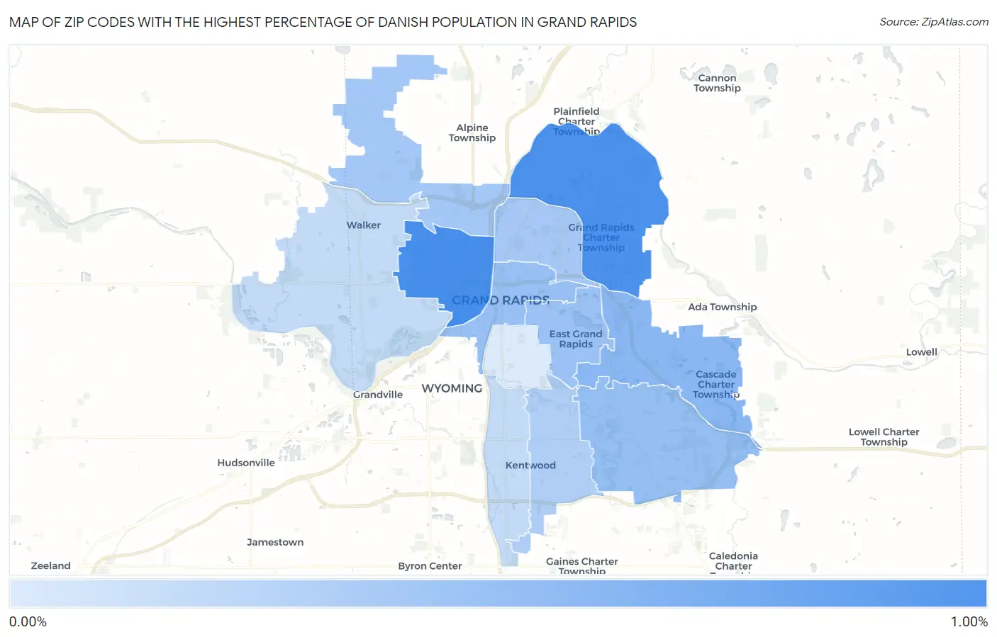 Zip Codes with the Highest Percentage of Danish Population in Grand Rapids Map