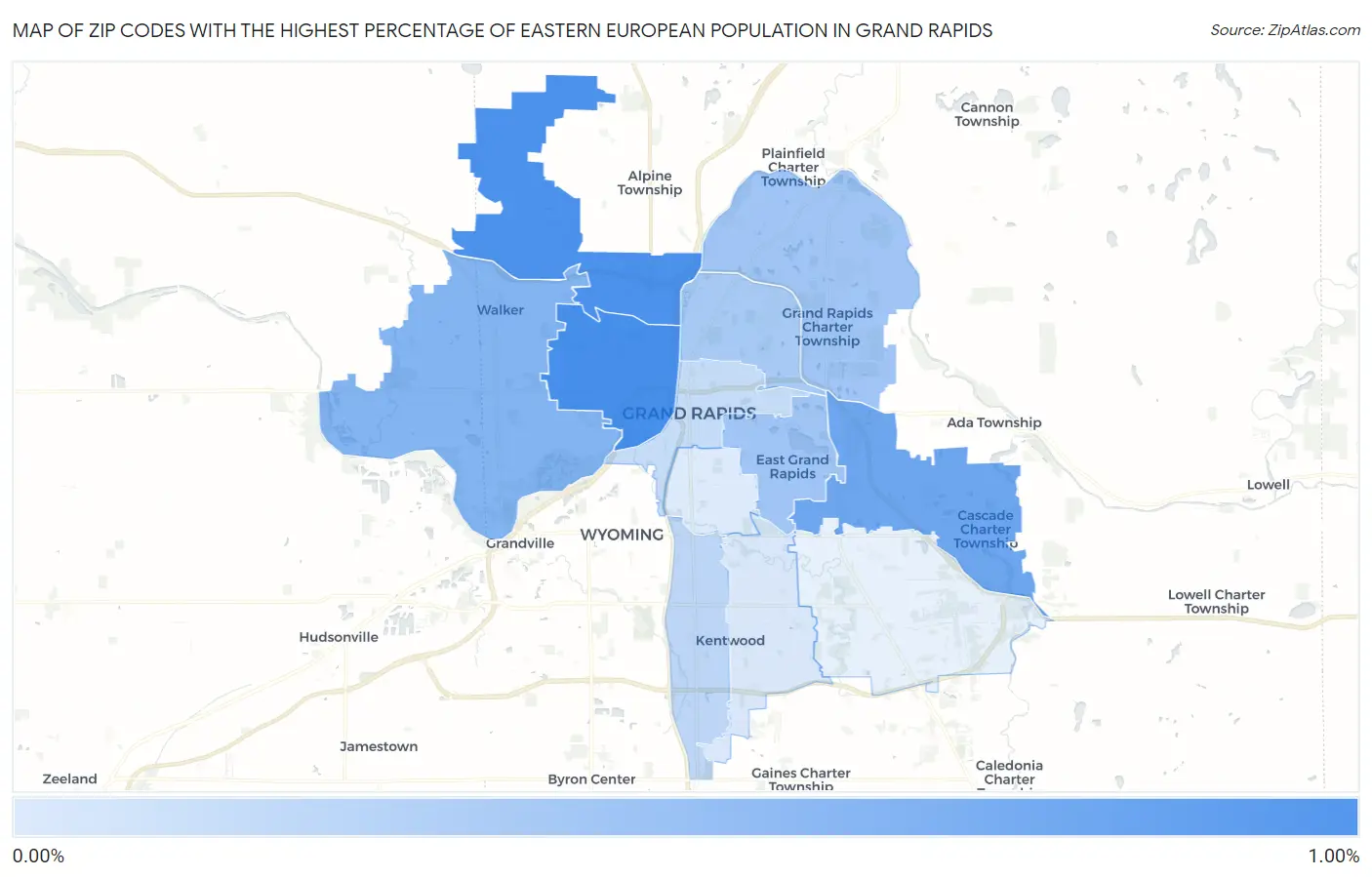 Zip Codes with the Highest Percentage of Eastern European Population in Grand Rapids Map
