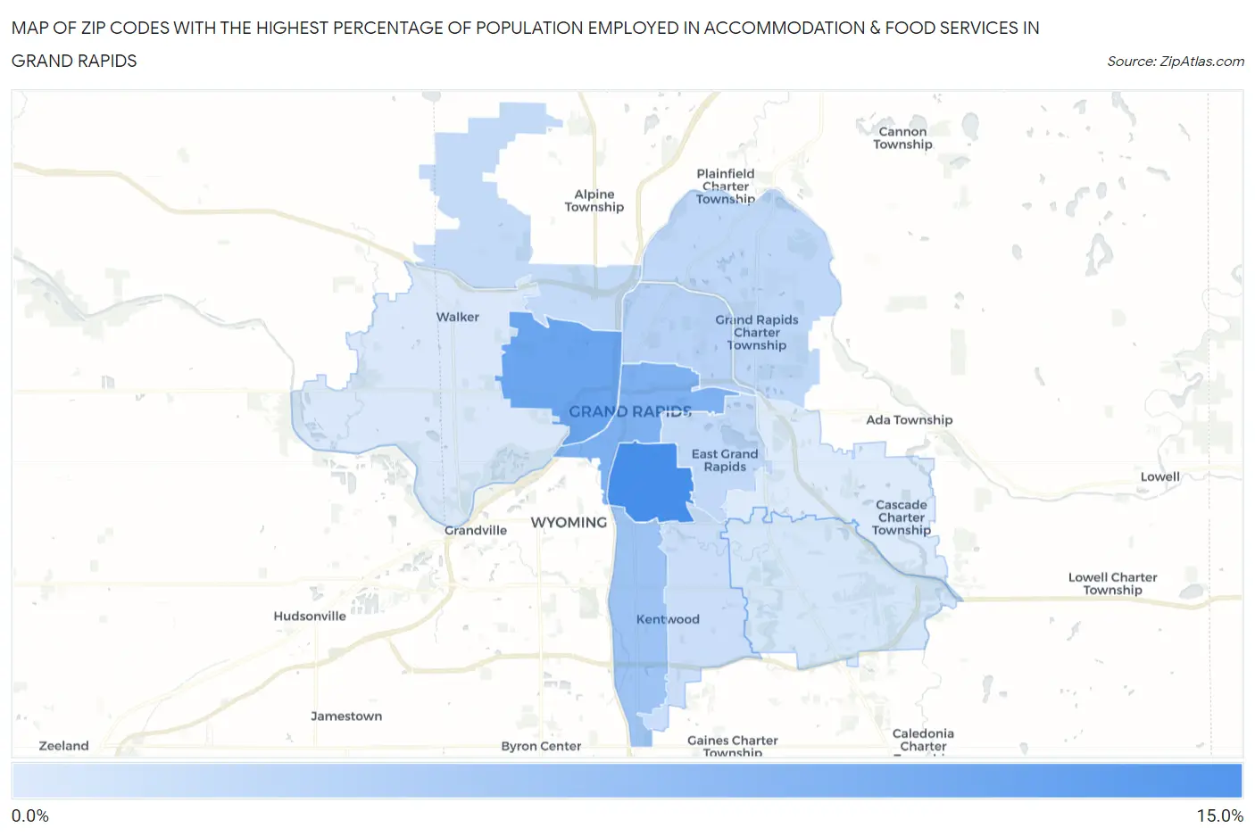 Zip Codes with the Highest Percentage of Population Employed in Accommodation & Food Services in Grand Rapids Map