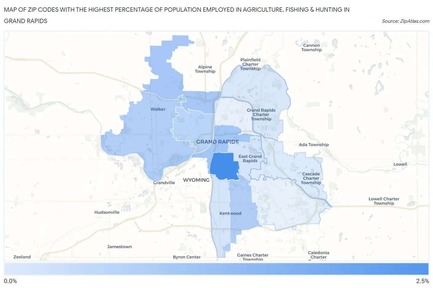 Zip Codes with the Highest Percentage of Population Employed in Agriculture, Fishing & Hunting in Grand Rapids Map