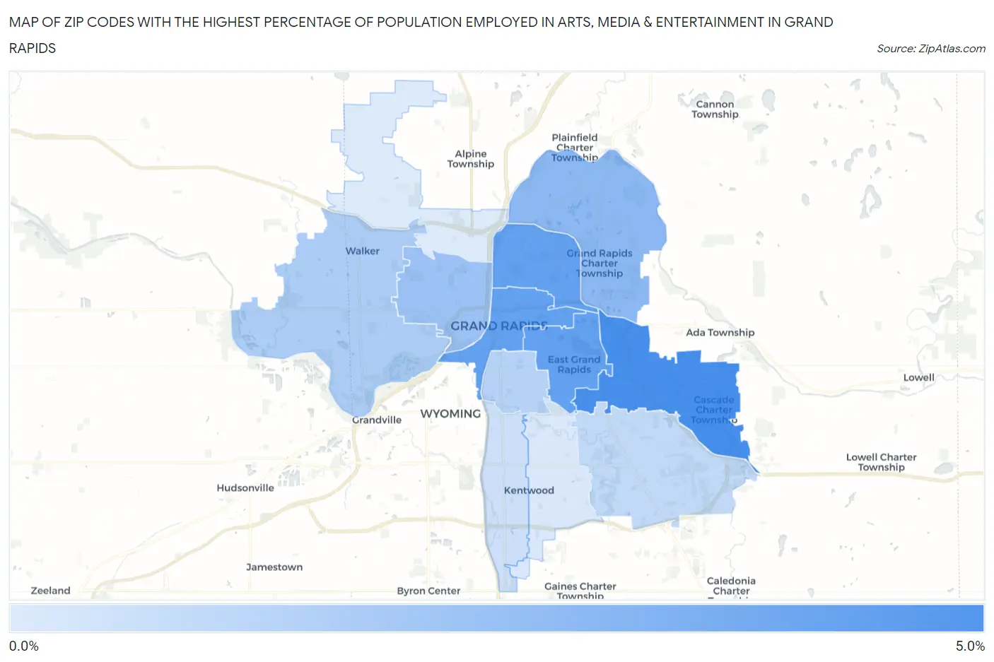 Zip Codes with the Highest Percentage of Population Employed in Arts, Media & Entertainment in Grand Rapids Map
